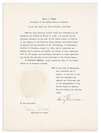 TRUMAN, HARRY S. Two Typed Documents Signed, as President, each appointing Walter H. Judd Alternate Delegate to the signing of a U.S. S